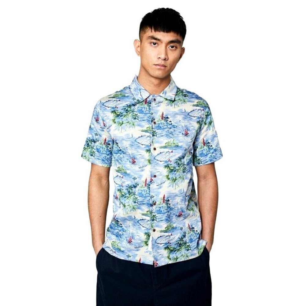 Denim & Flower Blue And Green Slim Fit Cotton Hawaiian Button Front Shirt Size M